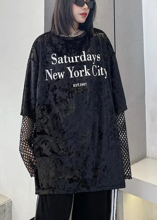 Loose Black Letter Tops Blouses O Neck Loose Spring Top