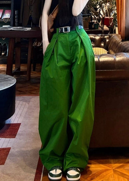 Style Green Pockets Cotton Wide Leg Pants Spring