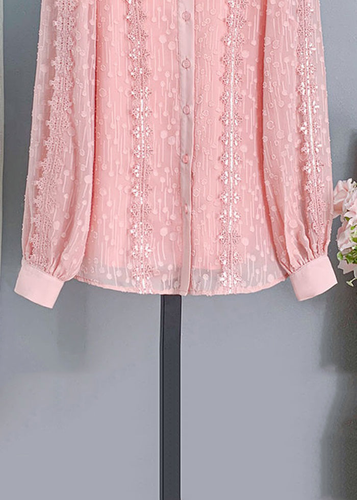 Pink Ruffled Button Lace Shirt Long Sleeve
