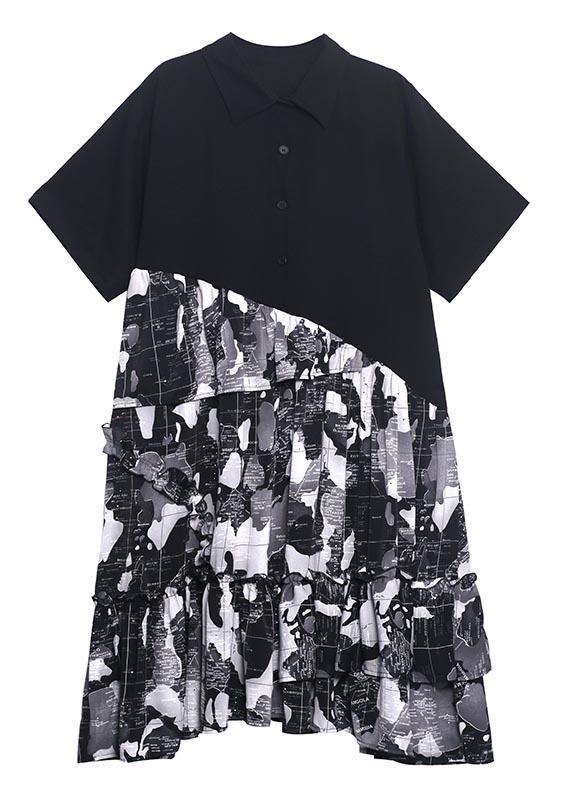 Black Patchwork Print Cotton Button Summer Maxi Dress