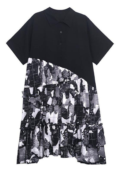 Black Patchwork Print Cotton Button Summer Maxi Dress