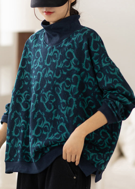 Navy Turtle Neck Print Cotton Sweatshirt Spring