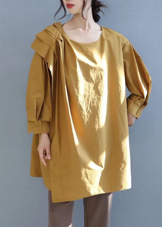 Italian Yellow O-neck Asymmetrical Cotton Top Fall