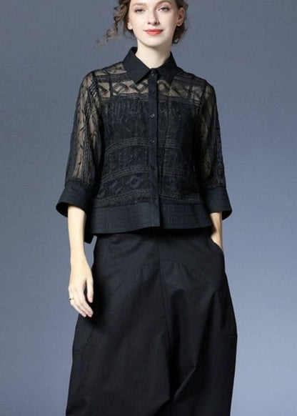 Black Peter Pan Collar Embroideried Tulle Two Pieces Set Summer