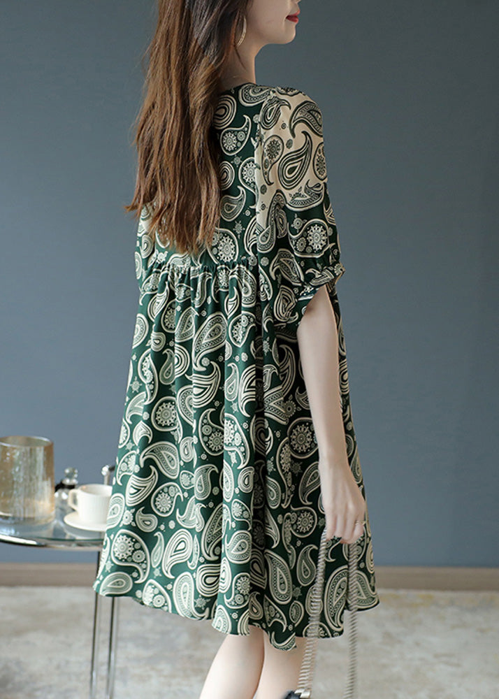 Green O-neck Print Chiffon Mid Dress Summer