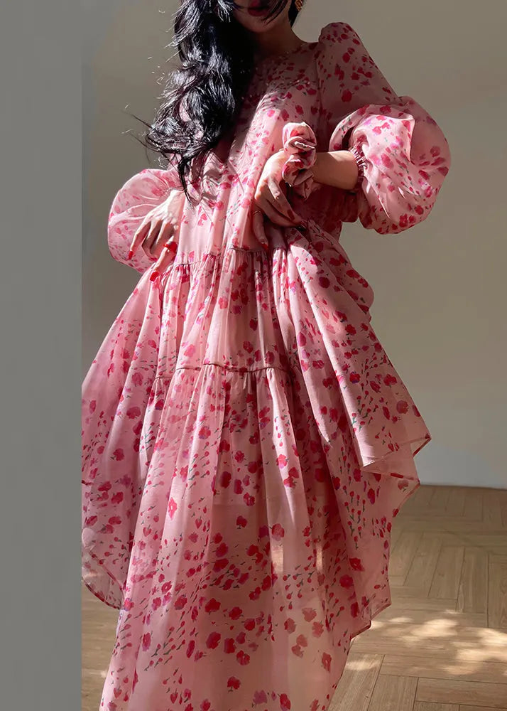 Pink O-neck Print Silk Long Dresses Spring