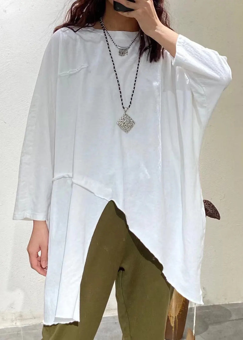 Red O-neck Asymmetrical Design Cotton Top Long Sleeve