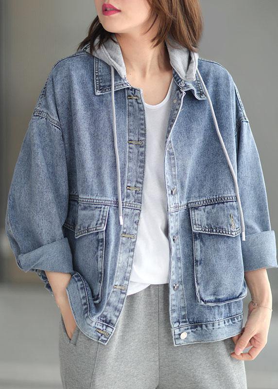 Light Denim Hooded Pockets Button Fall Long Sleeve Coat