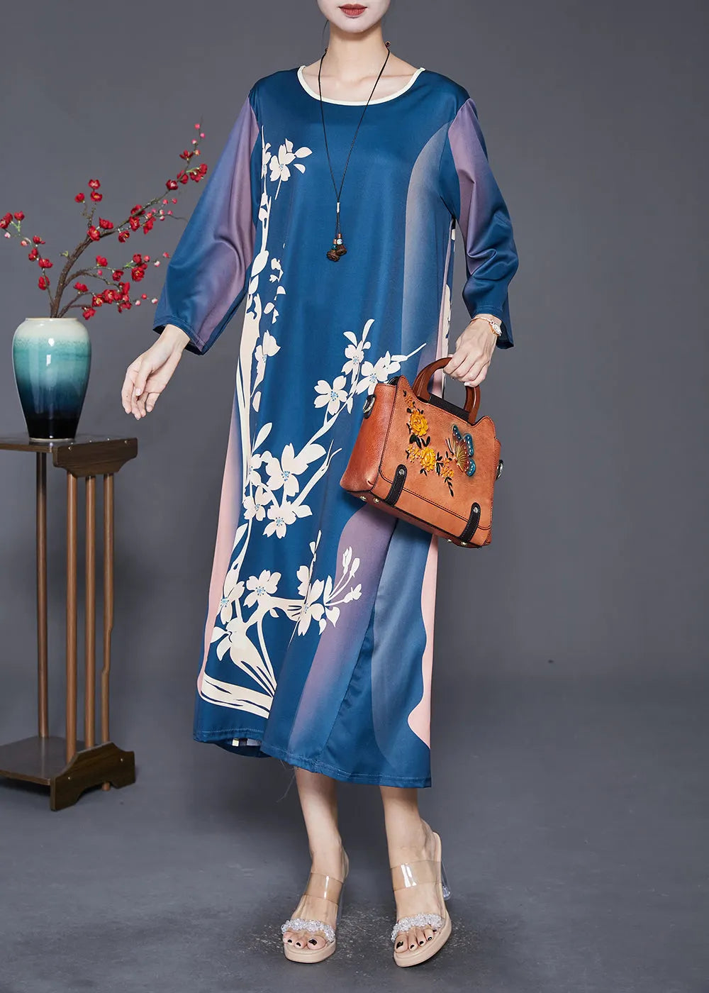 Navy Oversized Print Silk Long Dress Fall