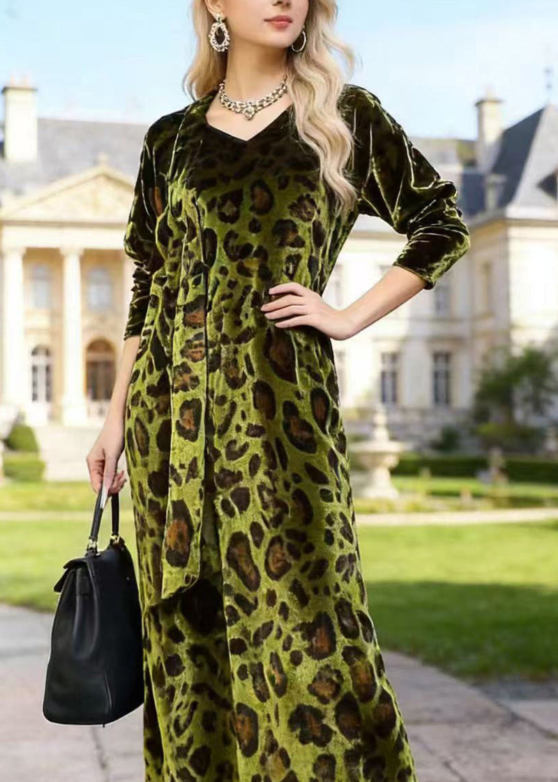 French Green V Neck Leopard Print Velvet Dress Spring