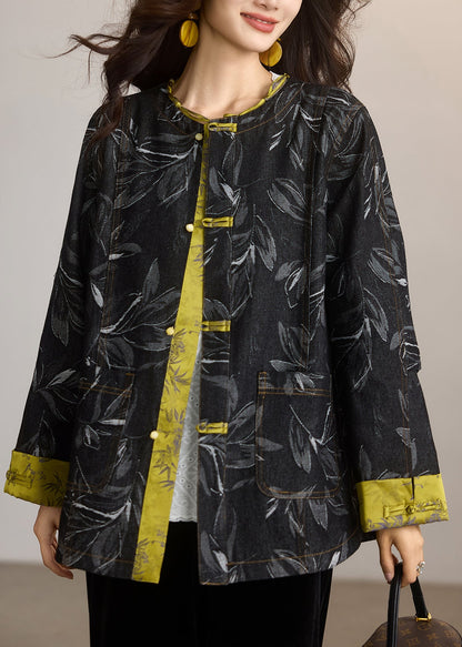 Black Print Patchwork Chinese Button Denim Jackets Spring