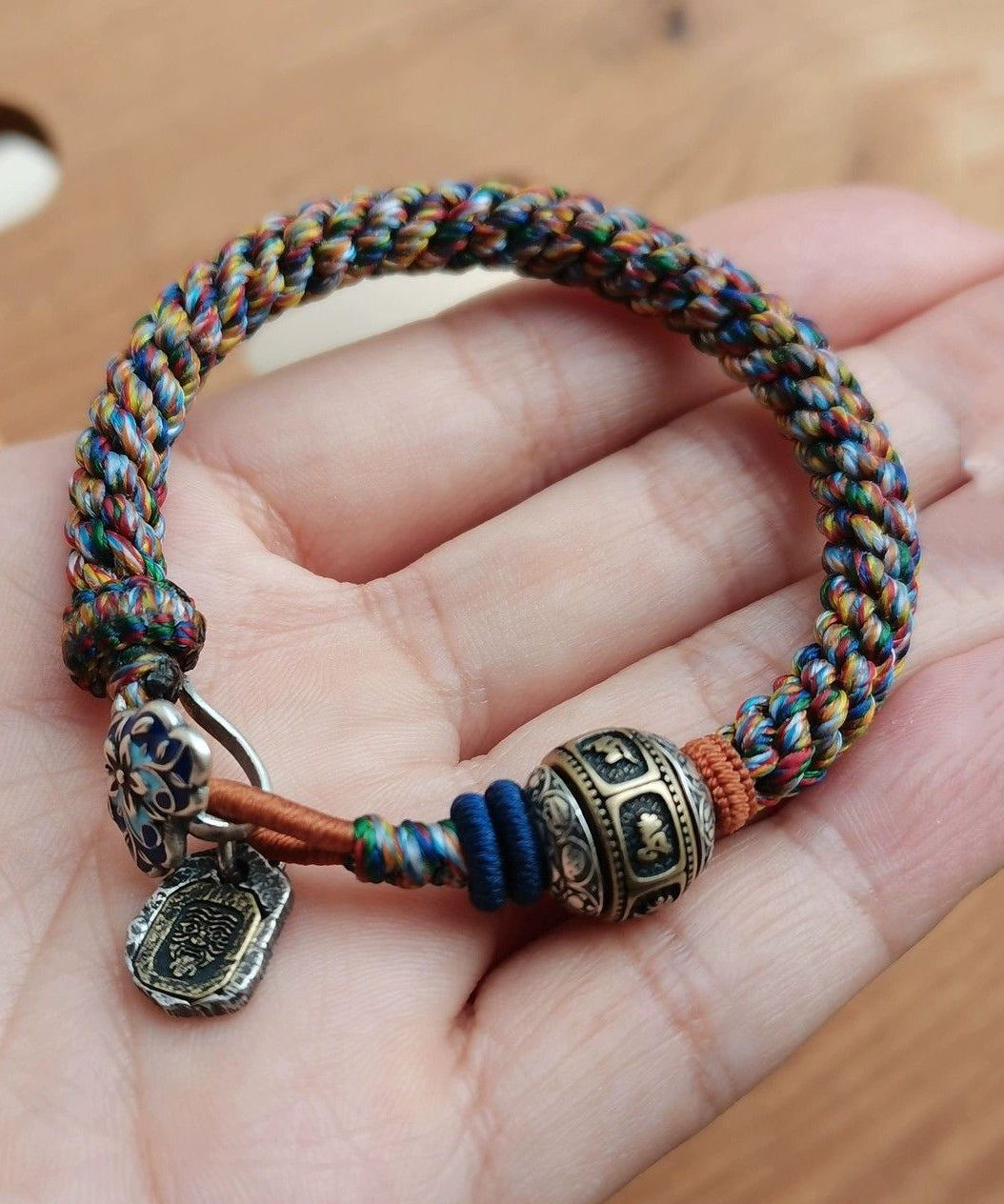 Handmade Rainbow Sterling Silver Weave Lucky Bead Charm Bracelet