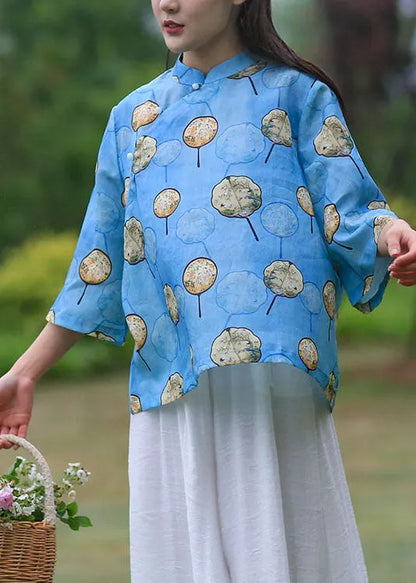 Diy Blue Stand Collar Print Linen Top Bracelet Sleeve