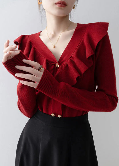 Style Red V Neck Ruffled Knit Shirts Spring