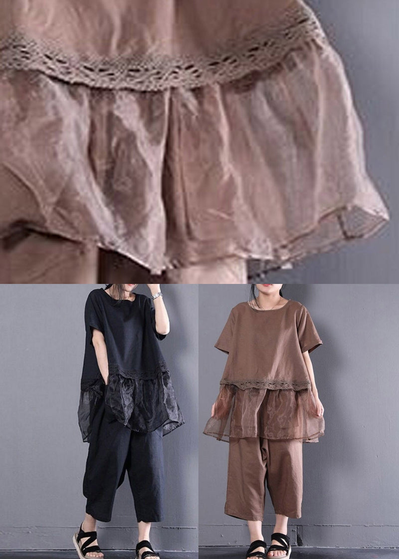 Loose Baggy Chocolate O-neck Top and Crop Pants Two Pieces Set Summer