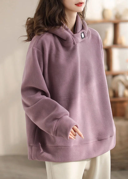 Loose Red Faux Suede Hooded Sweatshirt Spring