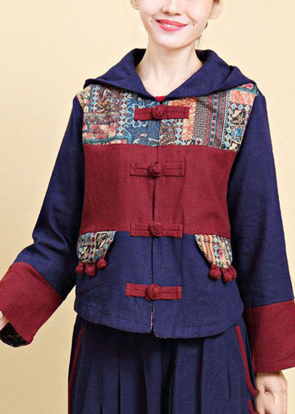Blue Hooded Patchwork Oriental Button Linen Jacket Fall