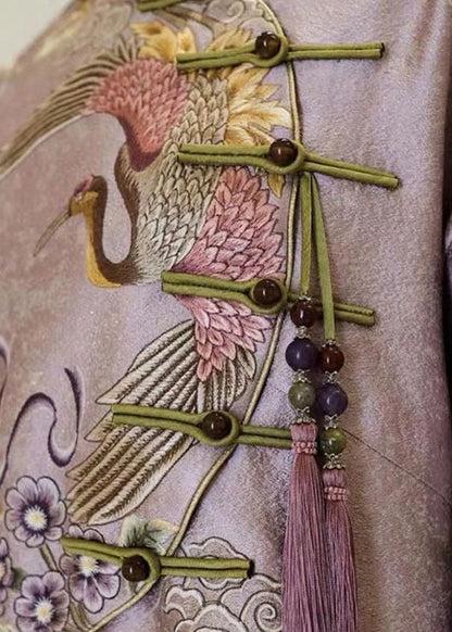 Pink Stand Collar Embroideried Button Silk Cotton Maxi Dresses Fall