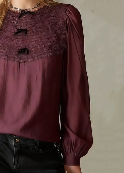 French Red O-neck Patchwork Tops Lantern Sleeve