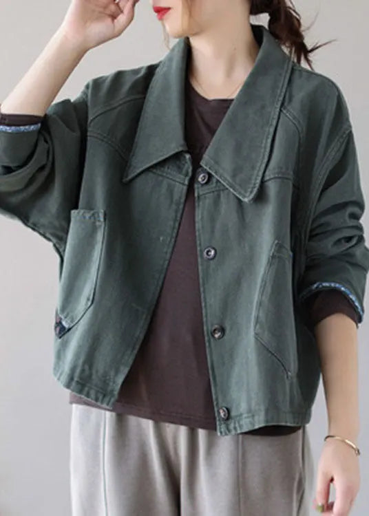 Green Button Patchwork Pockets Fall Denim Coat