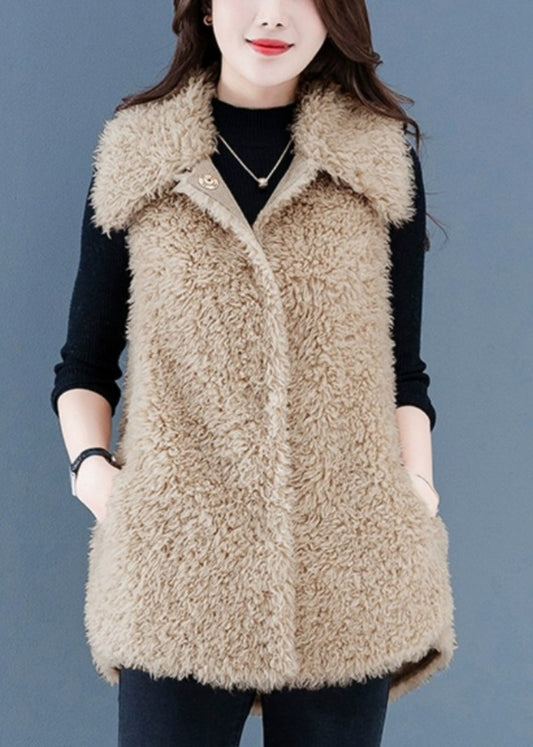 Beige Button Pockets Teddy Faux Fur Waistcoat Sleeveless