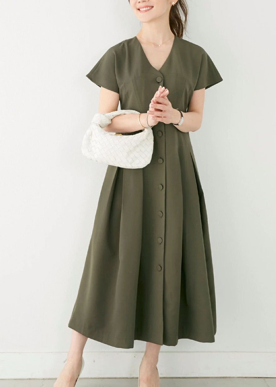 Green V Neck Patchwork Wrinkled Cotton Dress Summer