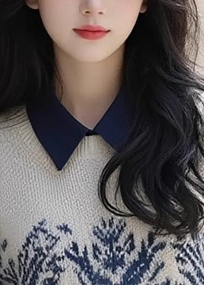 Retro Apricot Peter Pan Collar Print Cotton Knit Sweater Fall