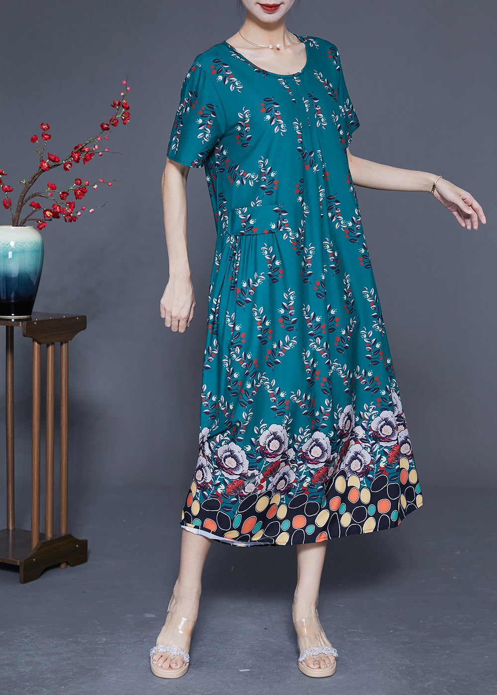 Diy Peacock Green Oversized Print Wrinkled Silk Maxi Dress Summer