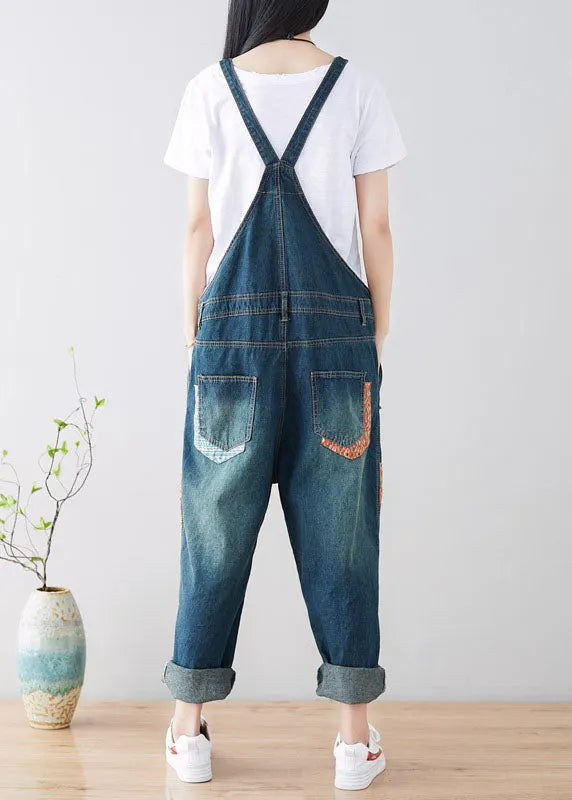 Art Blue Pockets Patchwork Ripped Denim Jumpsuit Spring