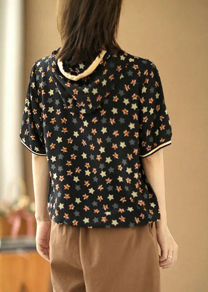 Black Drawstring Hooded Pentagram Print Silk Top Summer