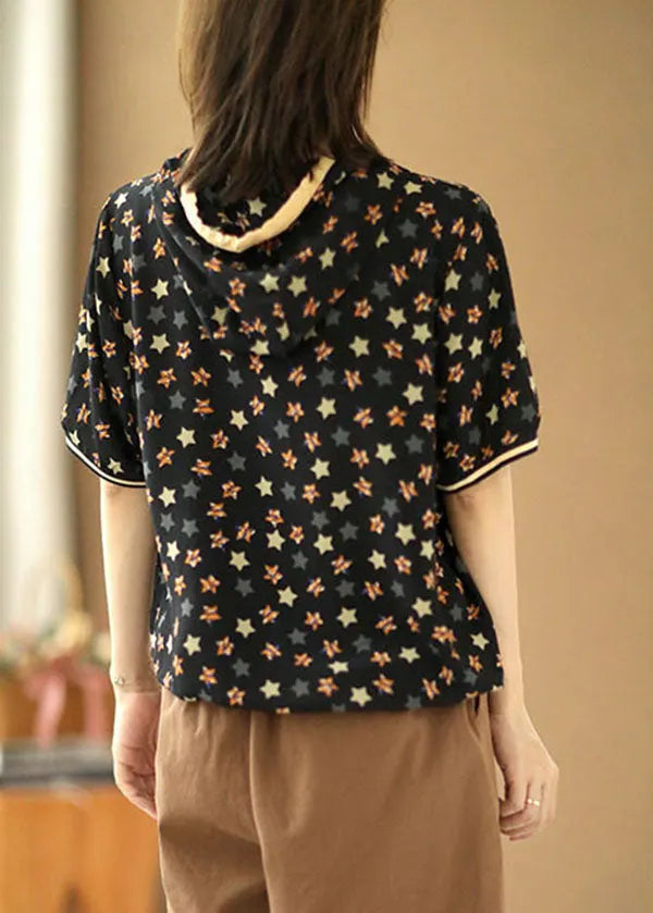 Black Drawstring Hooded Pentagram Print Silk Top Summer