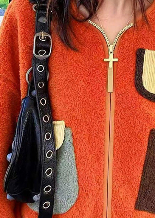 Orange Zip Up Pockets Faux Fur Jacket Spring
