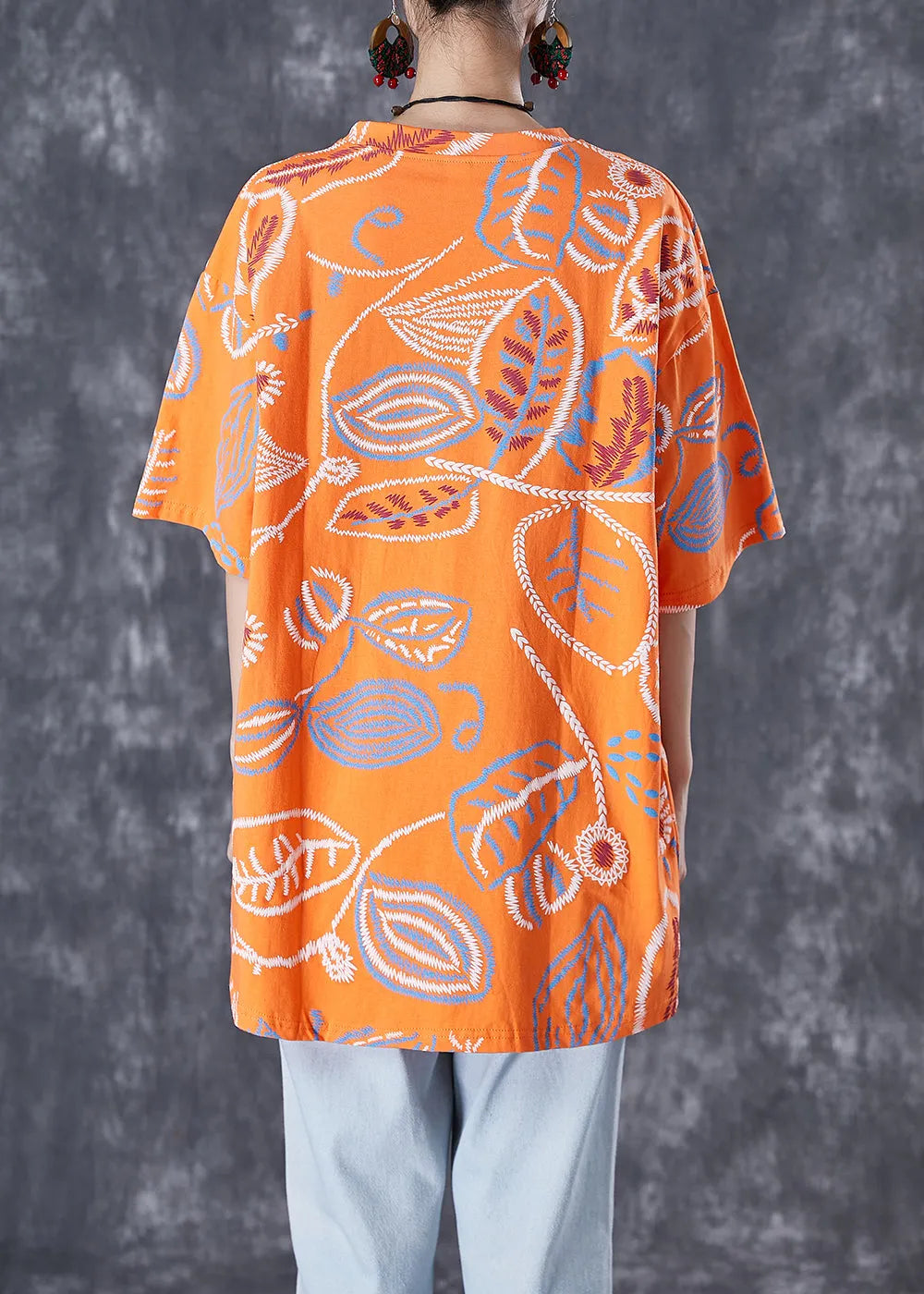 Orange Print Cotton Tank Oversized O-neck Summer