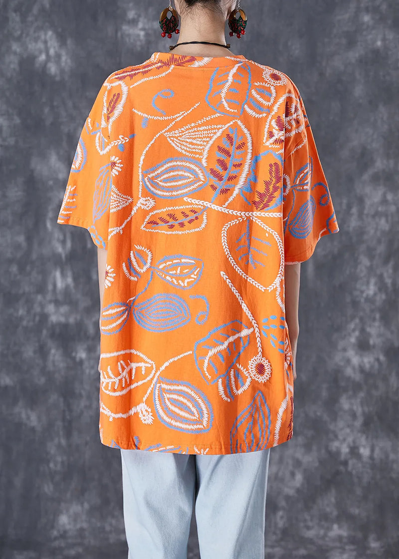 Orange Print Cotton Tank Oversized O-neck Summer