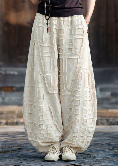 Beige Pockets Patchwork Linen Lantern Pants Spring