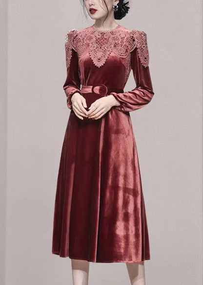 Brick Red Lace Tunic Patchwork Velour Long Dresses Fall