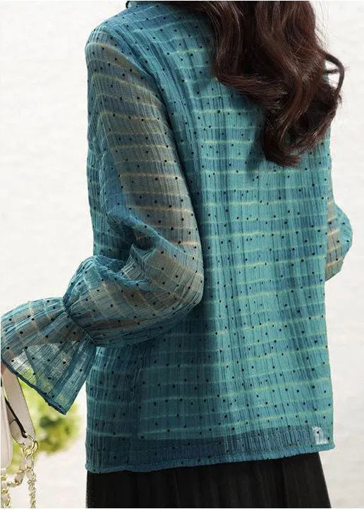 Peacock Green Stand Collar Ruffled Dot Print Chiffon Tops Flare Sleeve