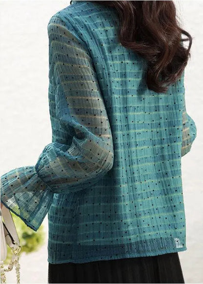 Peacock Green Stand Collar Ruffled Dot Print Chiffon Tops Flare Sleeve