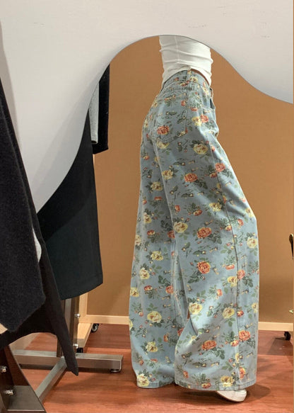 Blue Flower Print Denim Wide Leg Pants Fall