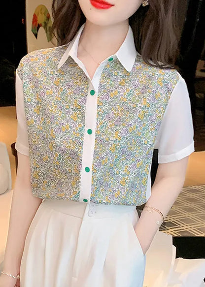 Peter Pan Collar Print Button Chiffon Shirt Short Sleeve