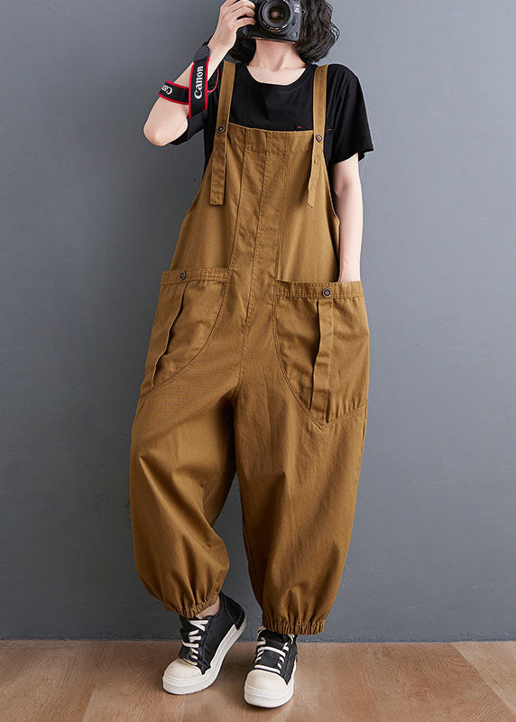 Yellow Slash Neck Patchwork Pockets Harem Jumpsuit Fall