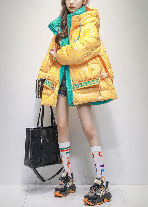 Yellow Hooded Letter Patchwork Duck Down Coats Winter