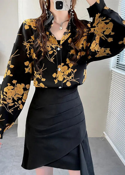Black Peter Pan Collar Button Print Chiffon Shirt Tops Spring