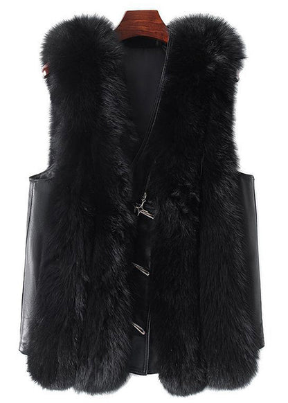 New Black Button Patchwork Leather and Fur Waistcoat Sleeveless