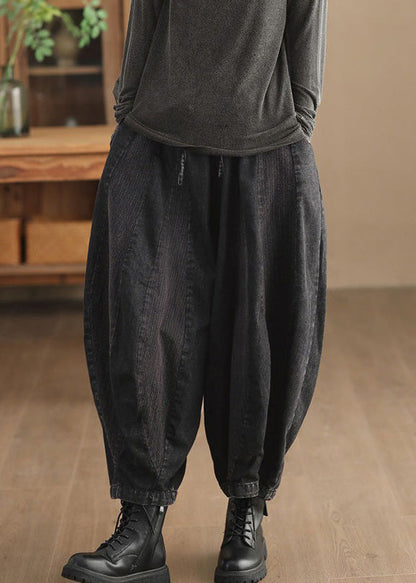 Black Pockets Lace Up Patchwork Harem Pants High Waist Fall