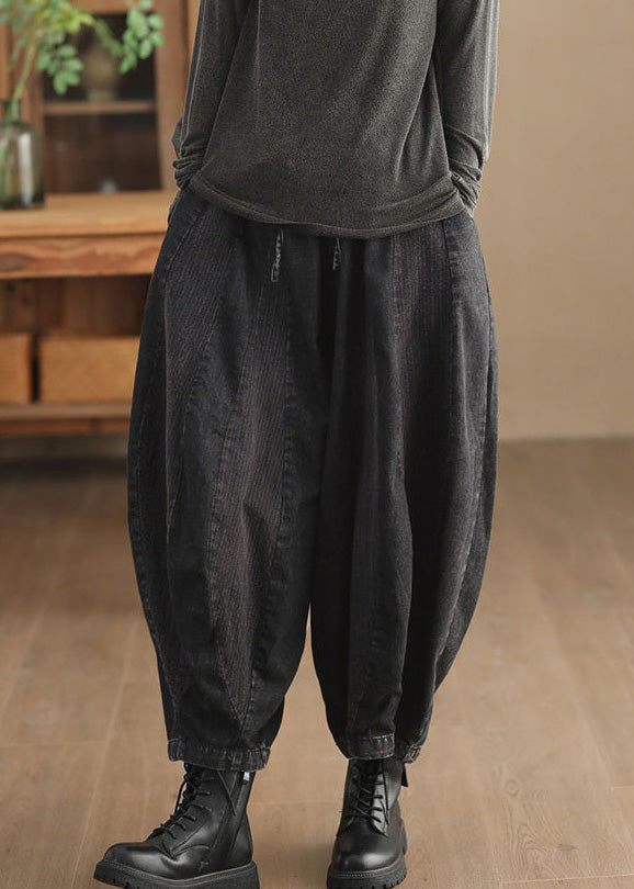 Black Pockets Lace Up Patchwork Harem Pants High Waist Fall