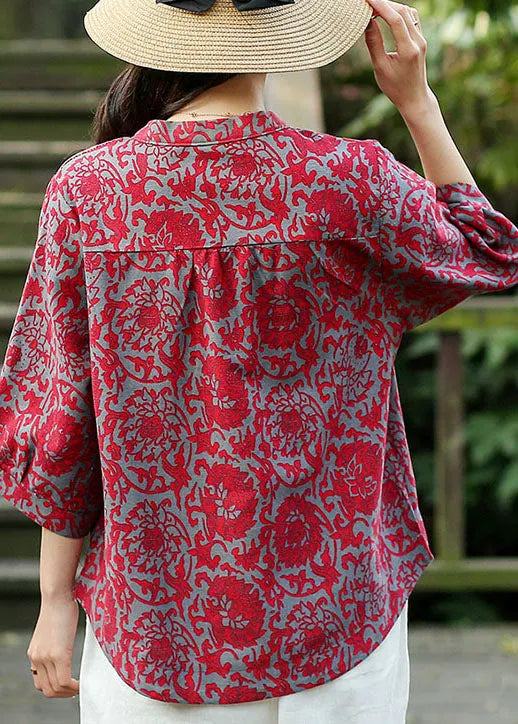 Red O-neck Jacquard Linen Blouse Tops Bracelet Sleeve