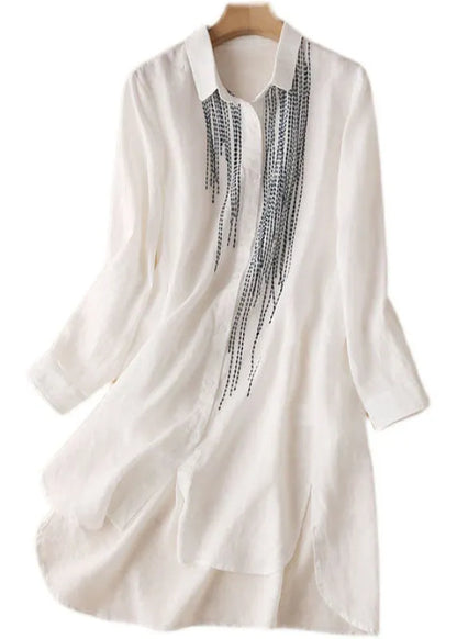 White Embroideried Low High Design Cotton Linen Long Shirt Top Long Sleeve