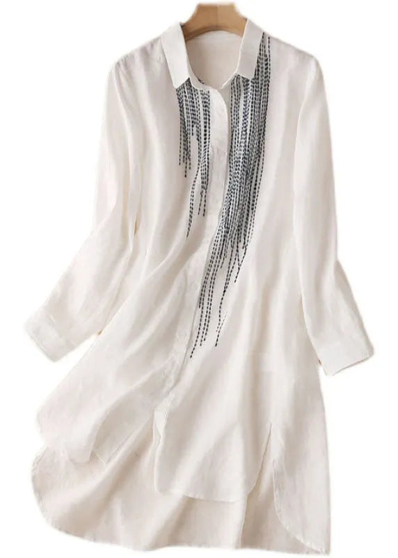 White Embroideried Low High Design Cotton Linen Long Shirt Top Long Sleeve