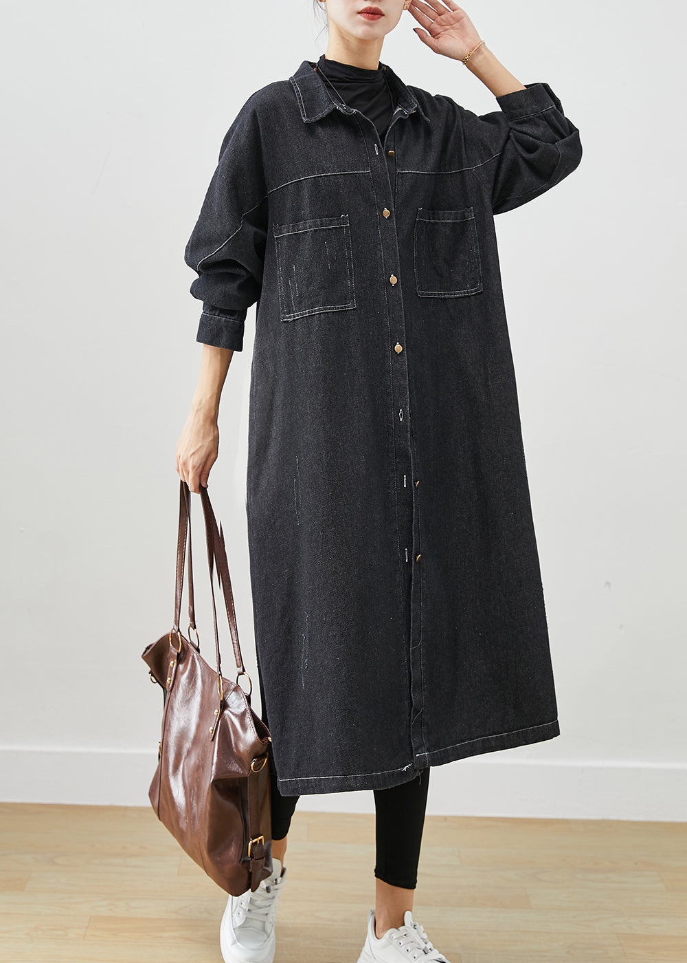 Black Oversized Pockets Cotton Coats Fall